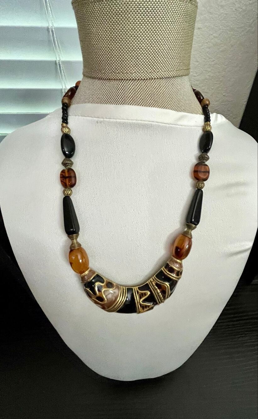 Chico's Aged Bronze Tribal Crescent Pendant Multi Strand Fringe Necklace